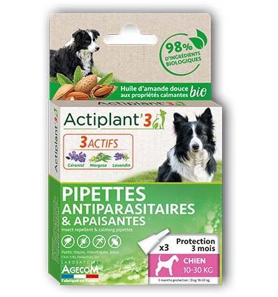 Actiplant - 3 Pipettes antiparasitaires et apaisantes pour chiens 